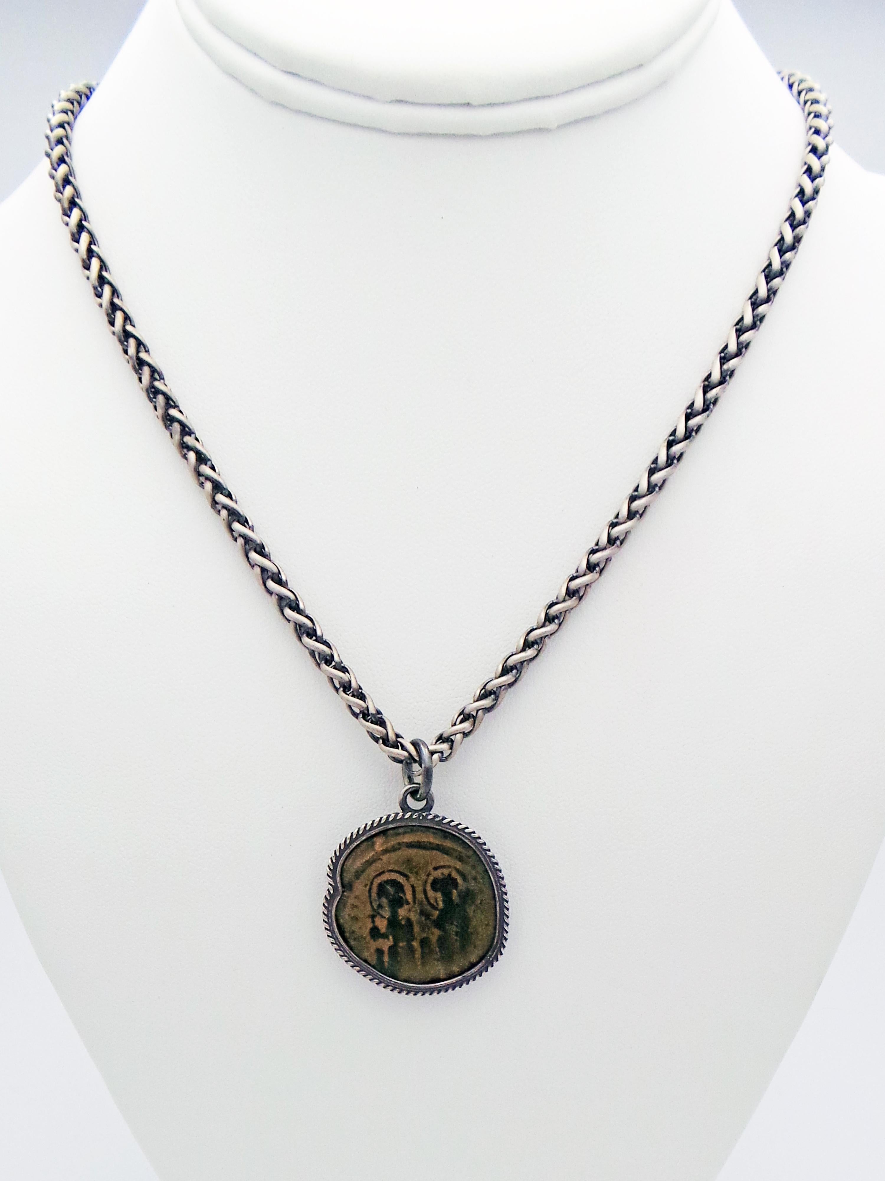 Women's or Men's Ancient Byzantine Bronze Coin and Sterling Silver Pendant Necklace For Sale