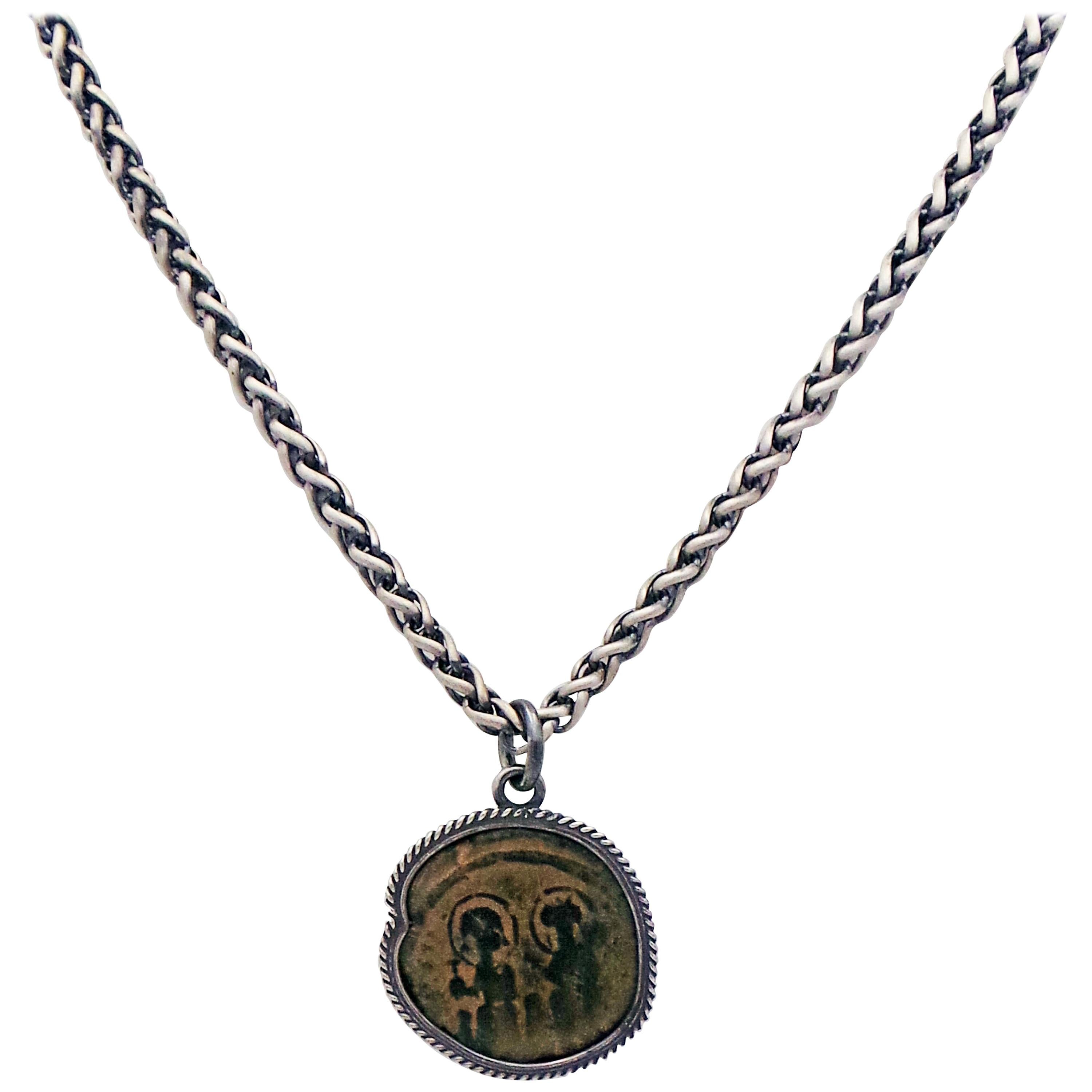 Collier pendentif en argent sterling et pièce de monnaie byzantine ancienne