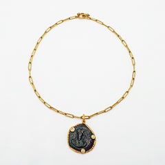 Collier pendentif byzantin ancien en bronze, diamants et or