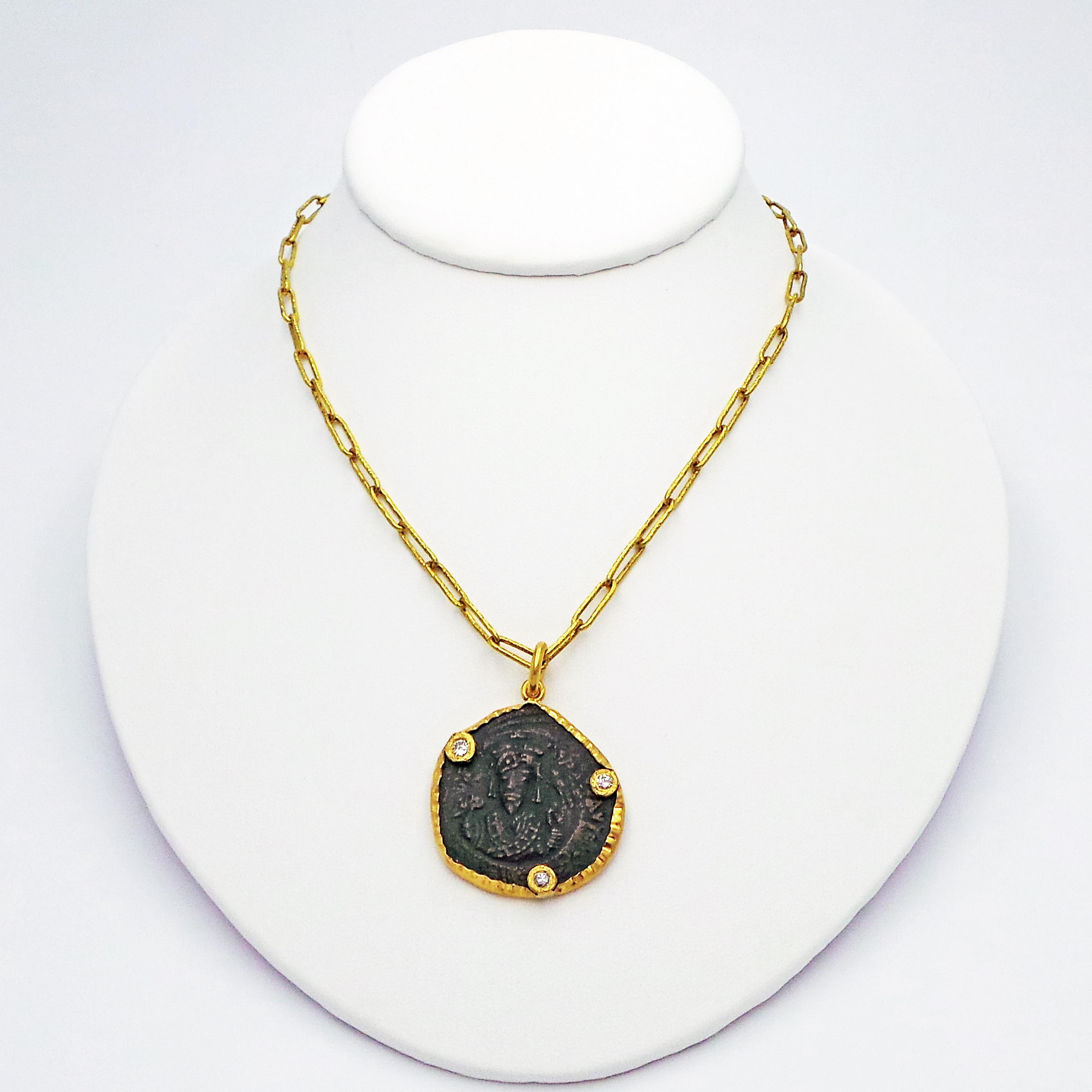 Contemporary Ancient Byzantine Bronze Coin, Diamond and Gold Pendant Necklace For Sale