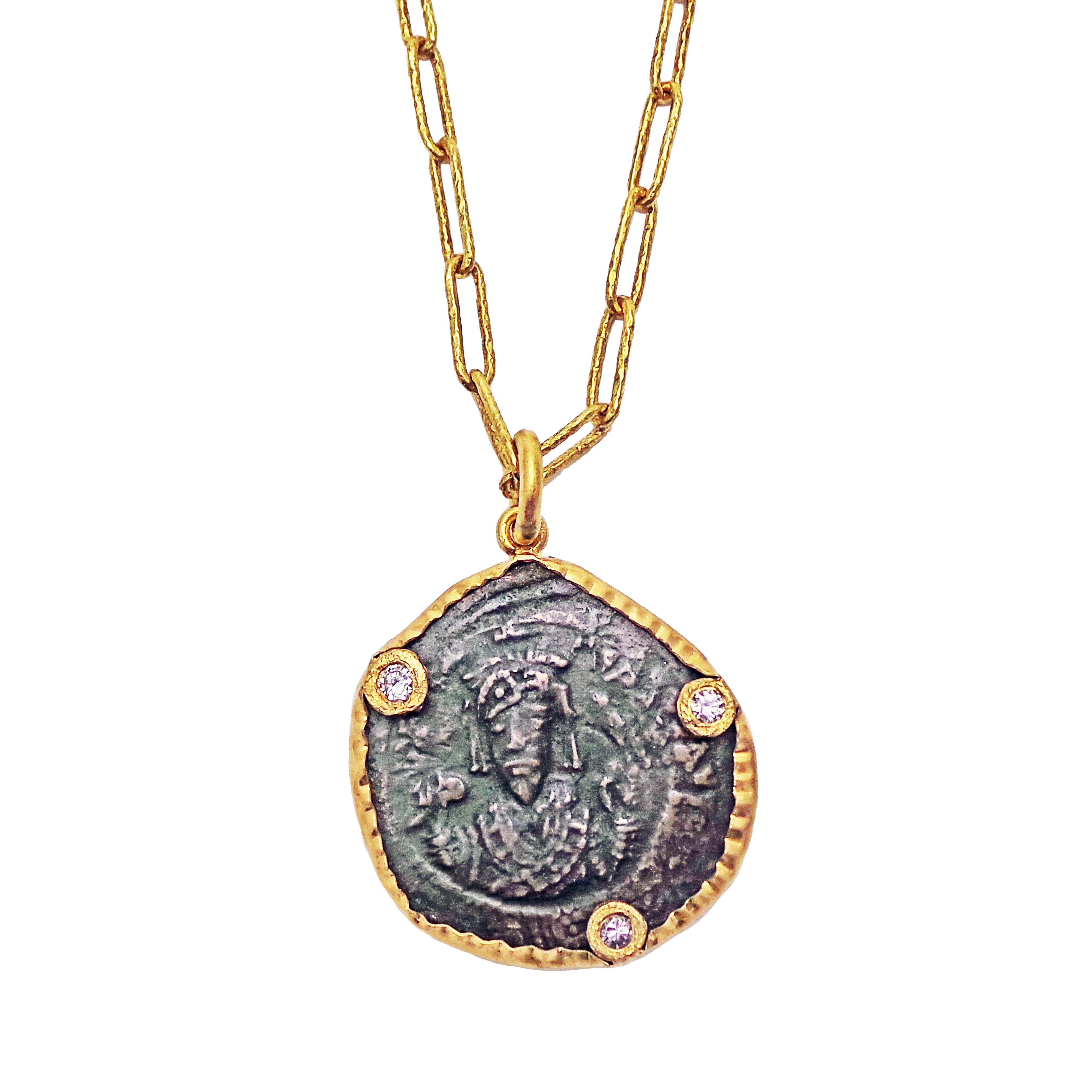 Ancient Byzantine Bronze Coin, Diamond and Gold Pendant Necklace For Sale