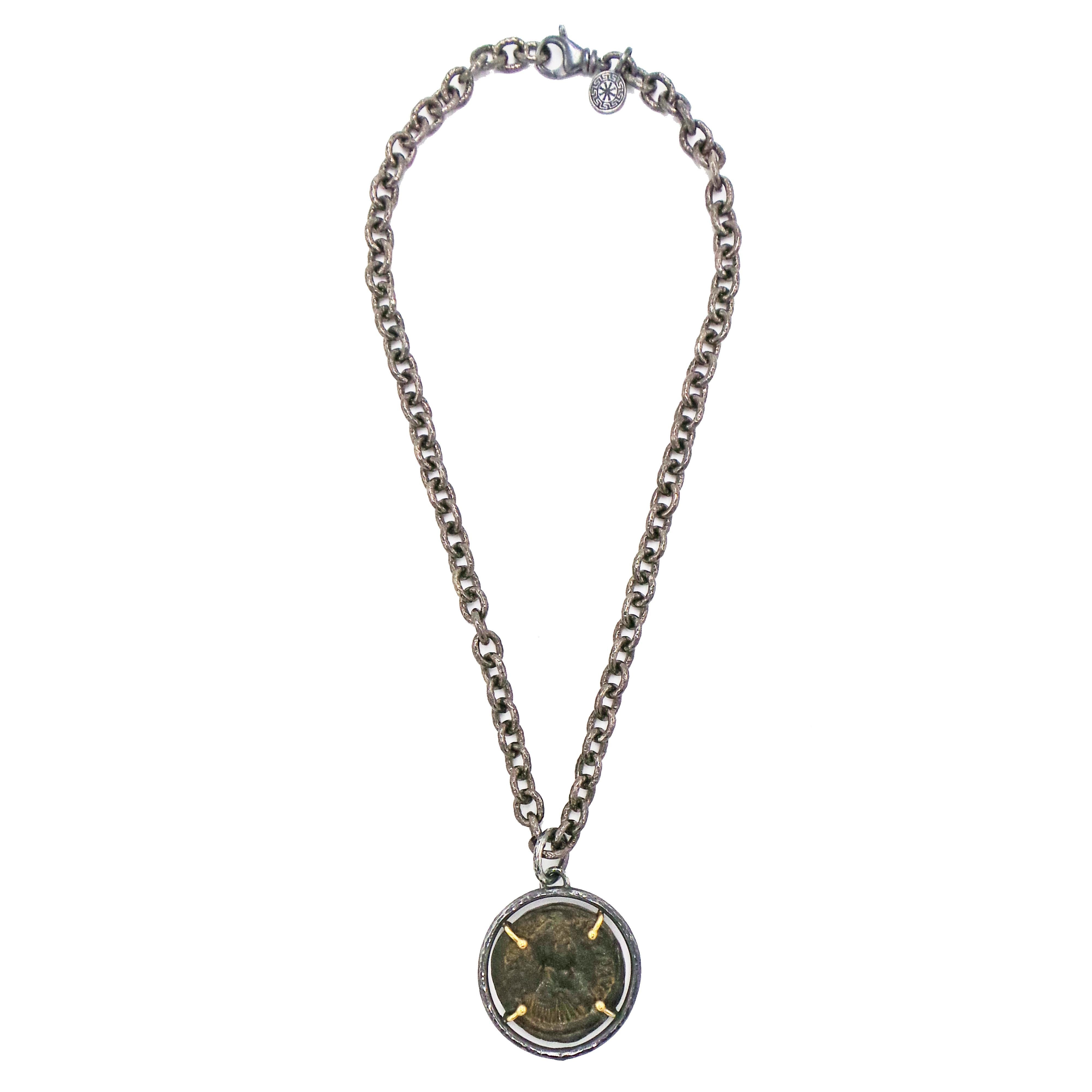 Authentic ancient Byzantine bronze coin (Justin 1, Follis, Constantinople mint, 518-527 A.D.) set in oxidized sterling silver and 22k yellow gold hand-fabricated pendant on a heavy, handmade oxidized sterling silver cable chain with lobster clasp.