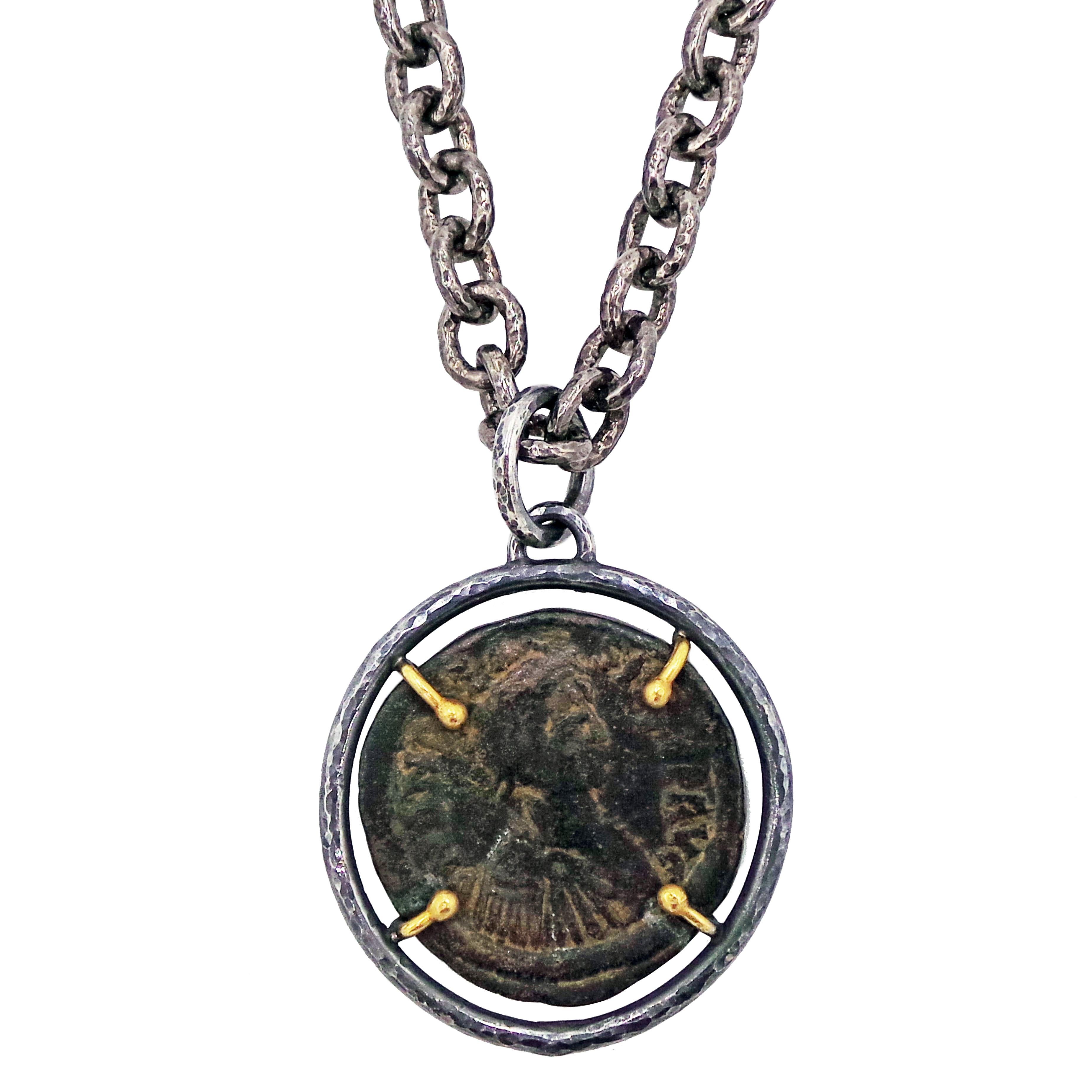 Ancient Byzantine Bronze Coin Two-Tone Pendant Necklace