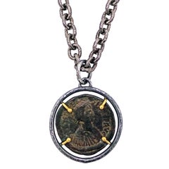 Antique Ancient Byzantine Bronze Coin Two-Tone Pendant Necklace