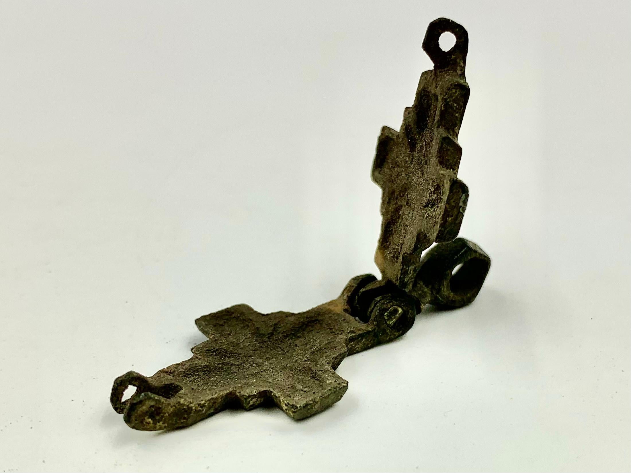 Ancient Byzantine Bronze Double-Sided Engraved Reliquary Cross, 9th-12th Century In Good Condition For Sale In New York, NY
