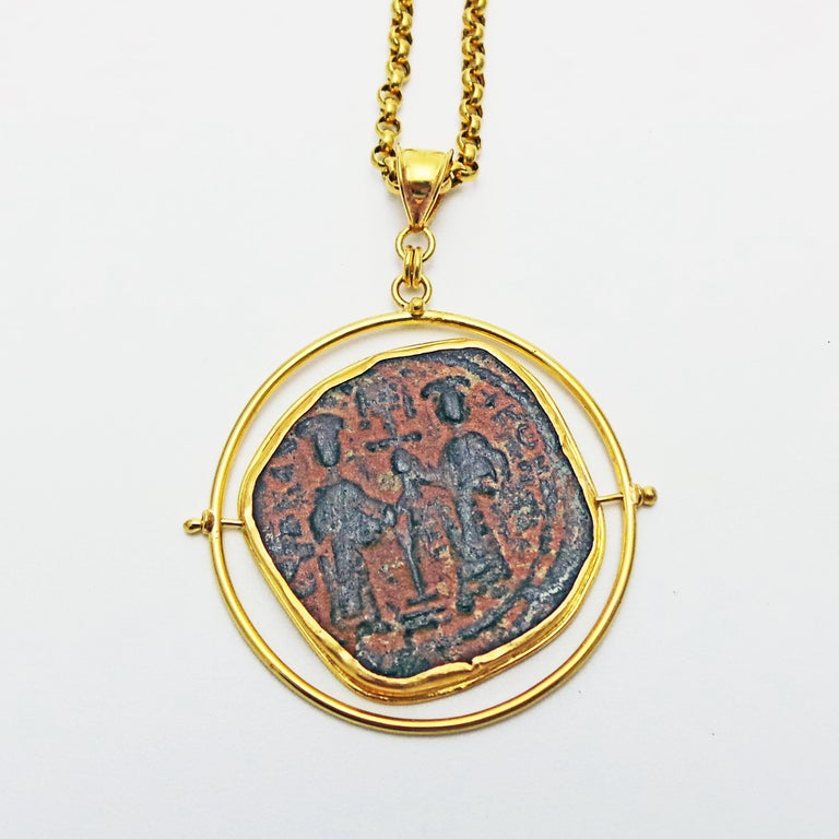 Women's Ancient Byzantine Coin 22k Gold Reversible Spinner Pendant Necklace For Sale