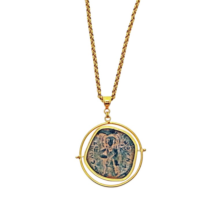 Ancient Byzantine Coin 22k Gold Reversible Spinner Pendant Necklace For Sale