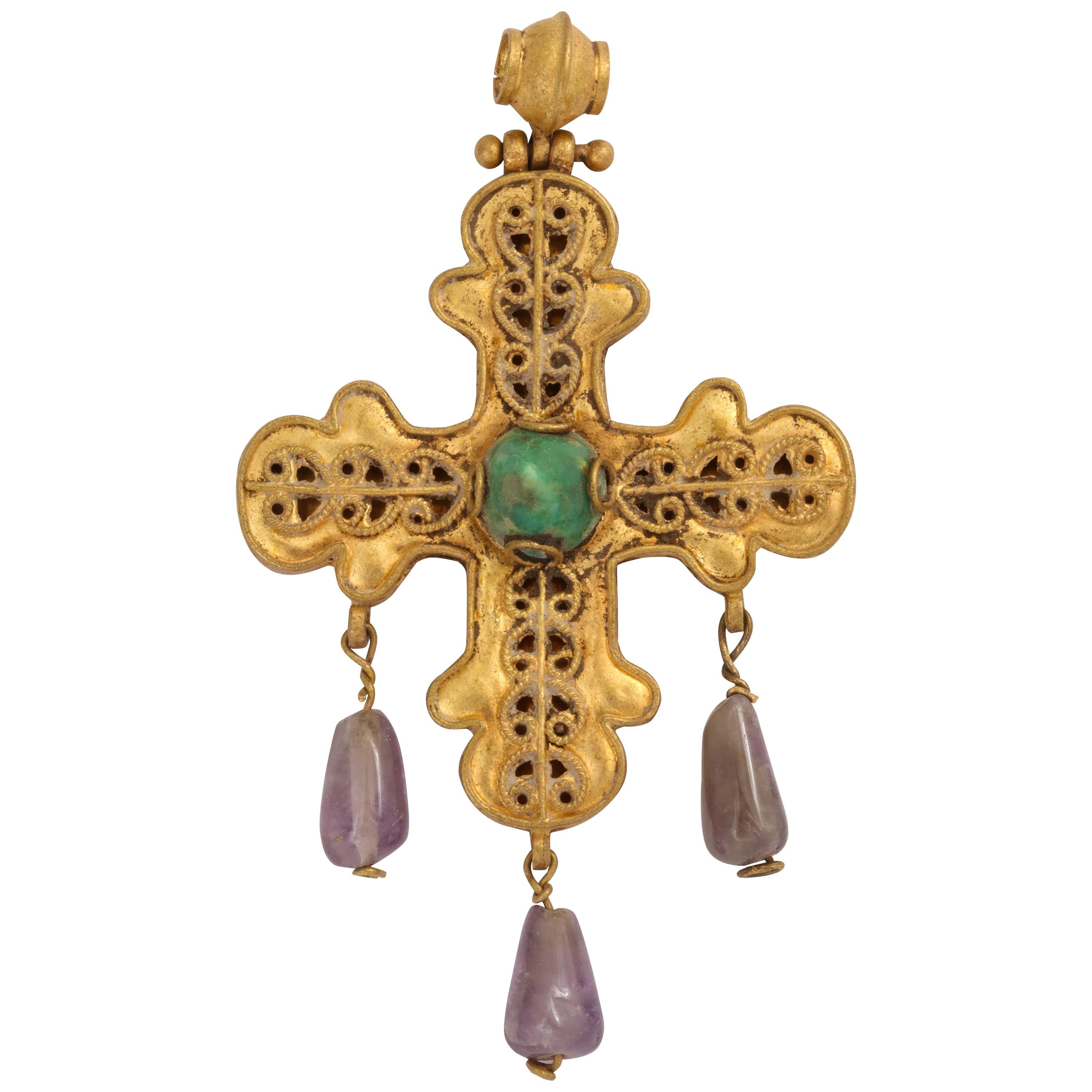 Ancient Byzantine Gold Cross with Emerald and Amethyst 
