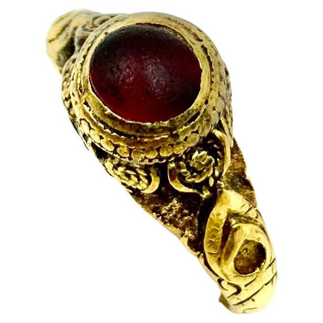 Ancient Byzantine High Carat Gold Cabochon Garnet Amulet Ring with Hidden Cross For Sale