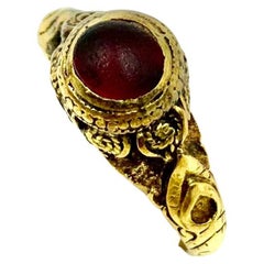 Antique Ancient Byzantine High Carat Gold Cabochon Garnet Amulet Ring with Hidden Cross