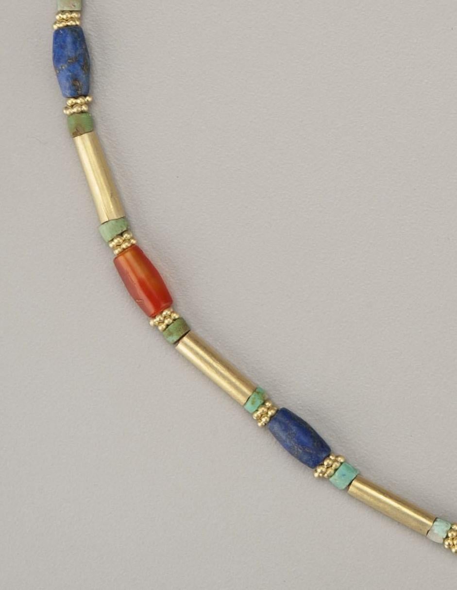 Artist Ancient Carnelian and Lapis Barrel Beads with Turquoise and 20k Gold Tubes For Sale