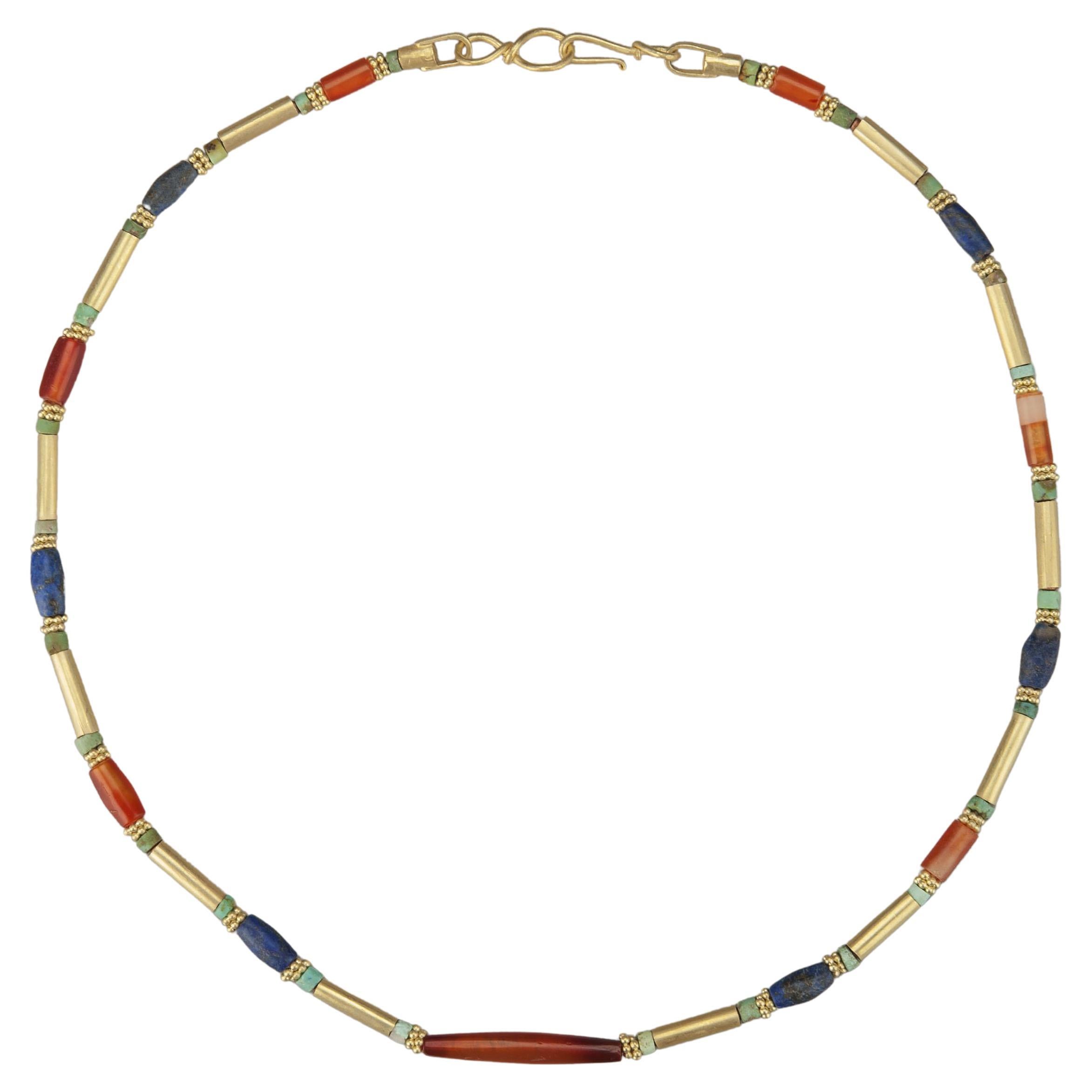 Ancient Carnelian and Lapis Barrel Beads with Turquoise and 20k Gold Tubes For Sale