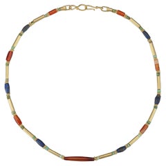 Ancient Carnelian and Lapis Barrel Beads with Turquoise and 20k Gold Tubes