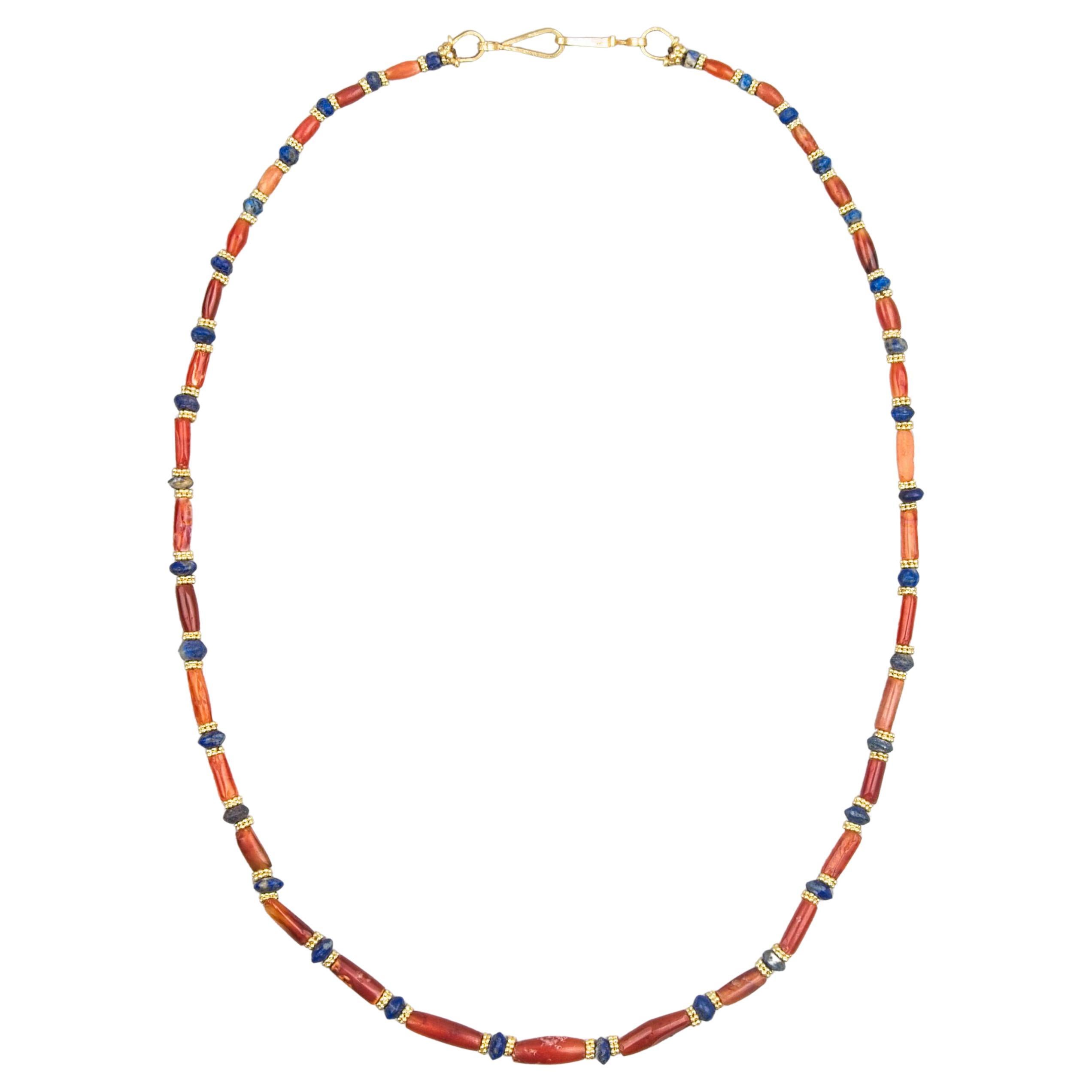 Ancient Carnelian Barrel Beads, Lapis Lazuli, 22k Granulated Gold Ring Beads For Sale