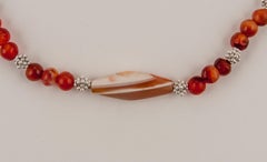 Ancient Carnelian Beads with Agate Centerpiece and Granulated Fine Silver Beads