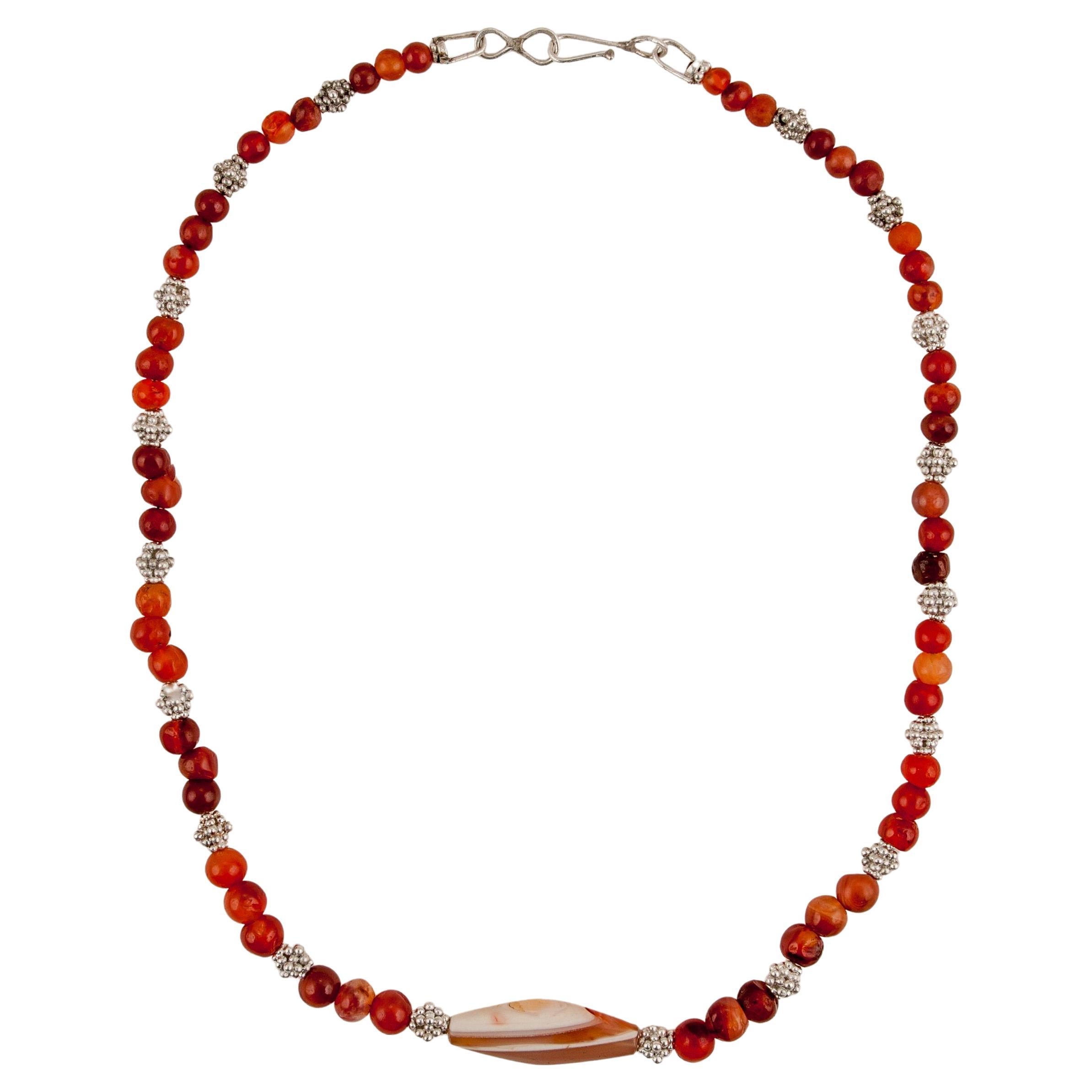 Ancient Carnelian Beads with Agate Centerpiece and Granulated Fine Silver Beads For Sale