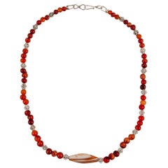 Ancient Carnelian Beads with Agate Centerpiece and Granulated Fine Silver Beads