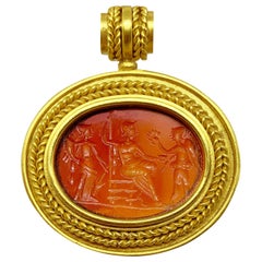 Used Ancient Carnelian Intaglio Gold Pendant Depicting Fortuna, Minerva and Victory