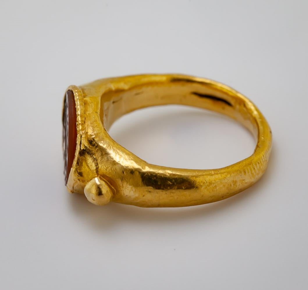 Artisan Ancient Carnelian Intaglio Yellow Gold Ring For Sale