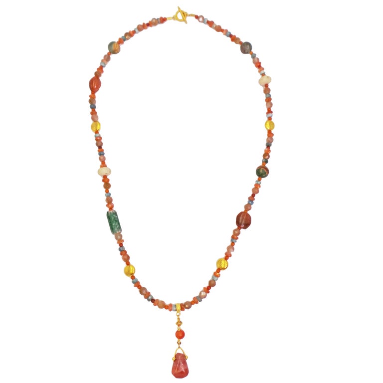 Contemporary Ancient Carnelian, Multi-Gemstone, and 22 Karat Gold Beaded Pendant Necklace