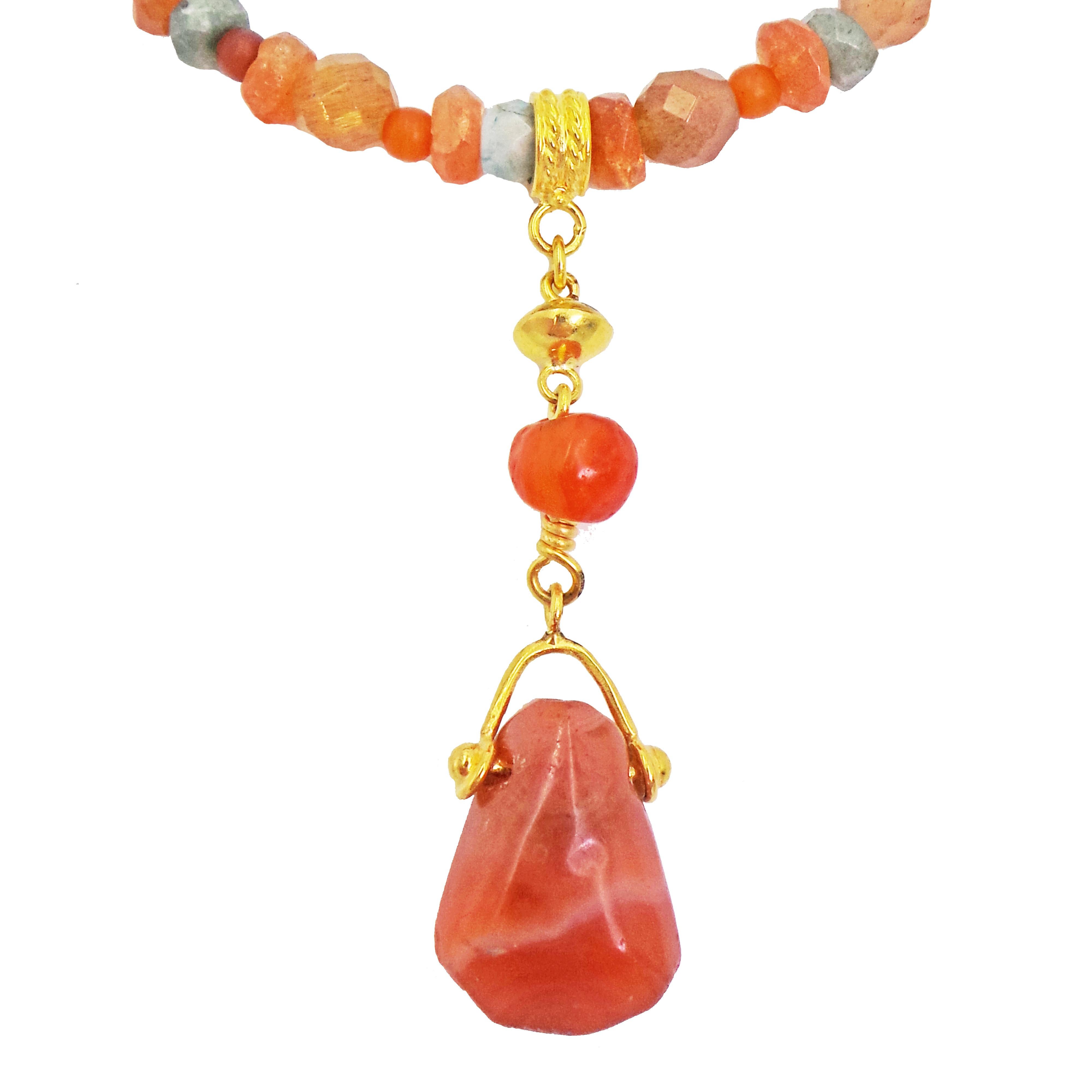 Contemporary Ancient Carnelian, Multi-Gemstone, and 22 Karat Gold Beaded Pendant Necklace