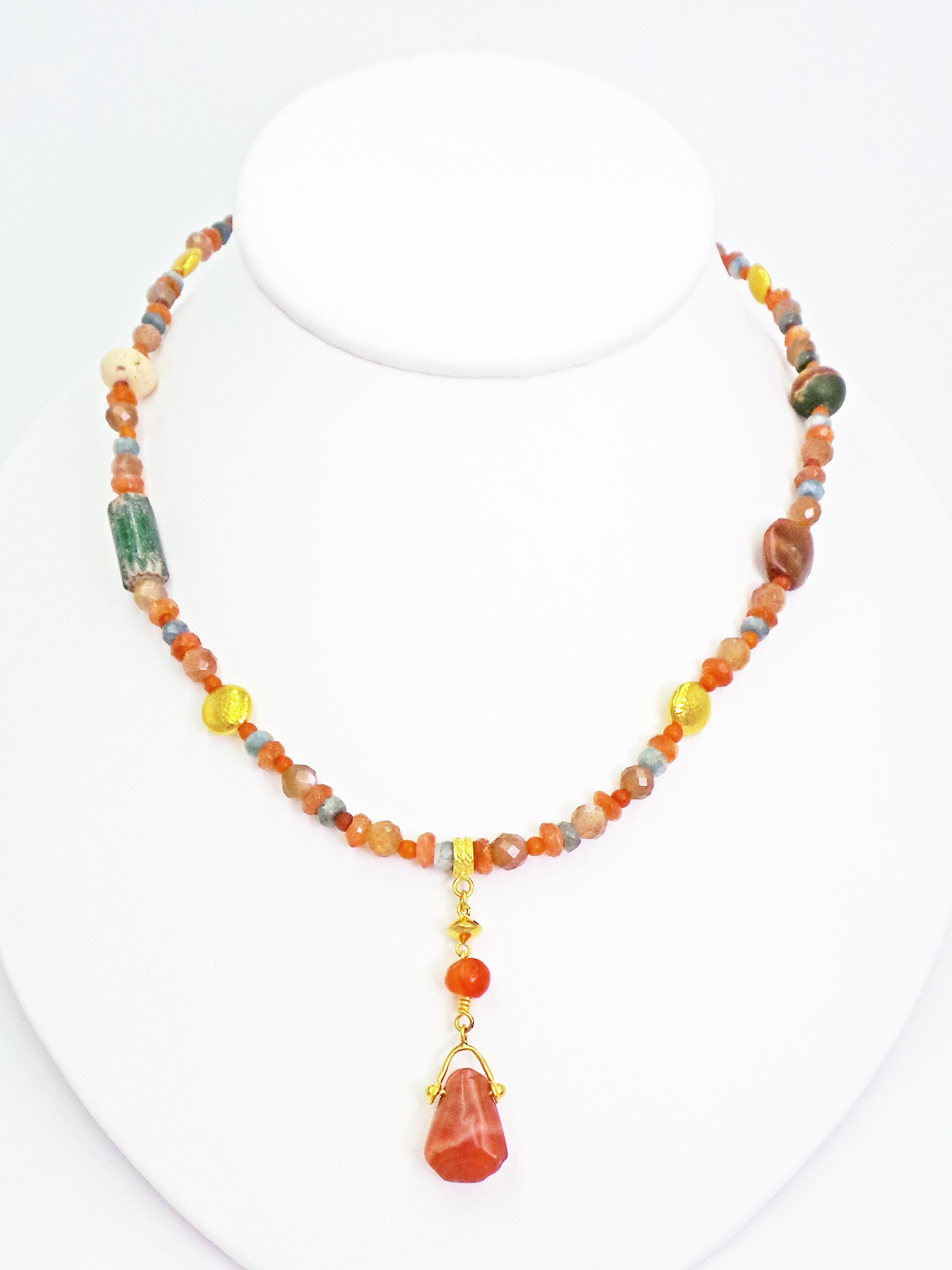 Women's Ancient Carnelian, Multi-Gemstone, and 22 Karat Gold Beaded Pendant Necklace