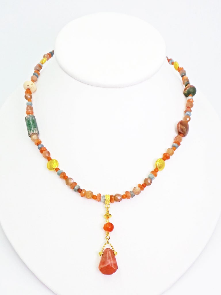 Ancient Carnelian, Multi-Gemstone, and 22 Karat Gold Beaded Pendant Necklace 1
