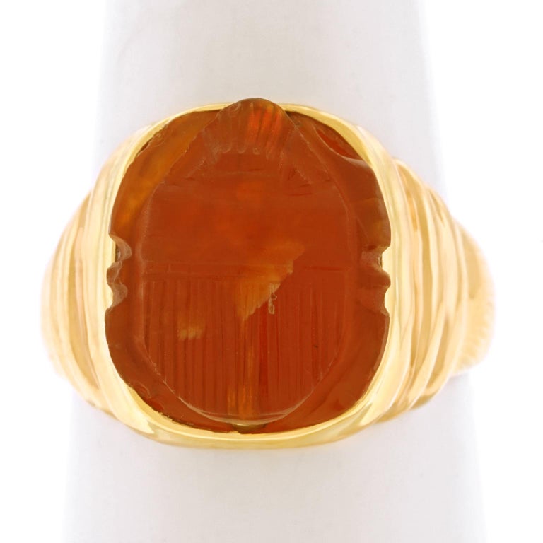 Ancient Carnelian Scarab in 1950s Gold Seal Ring 6
