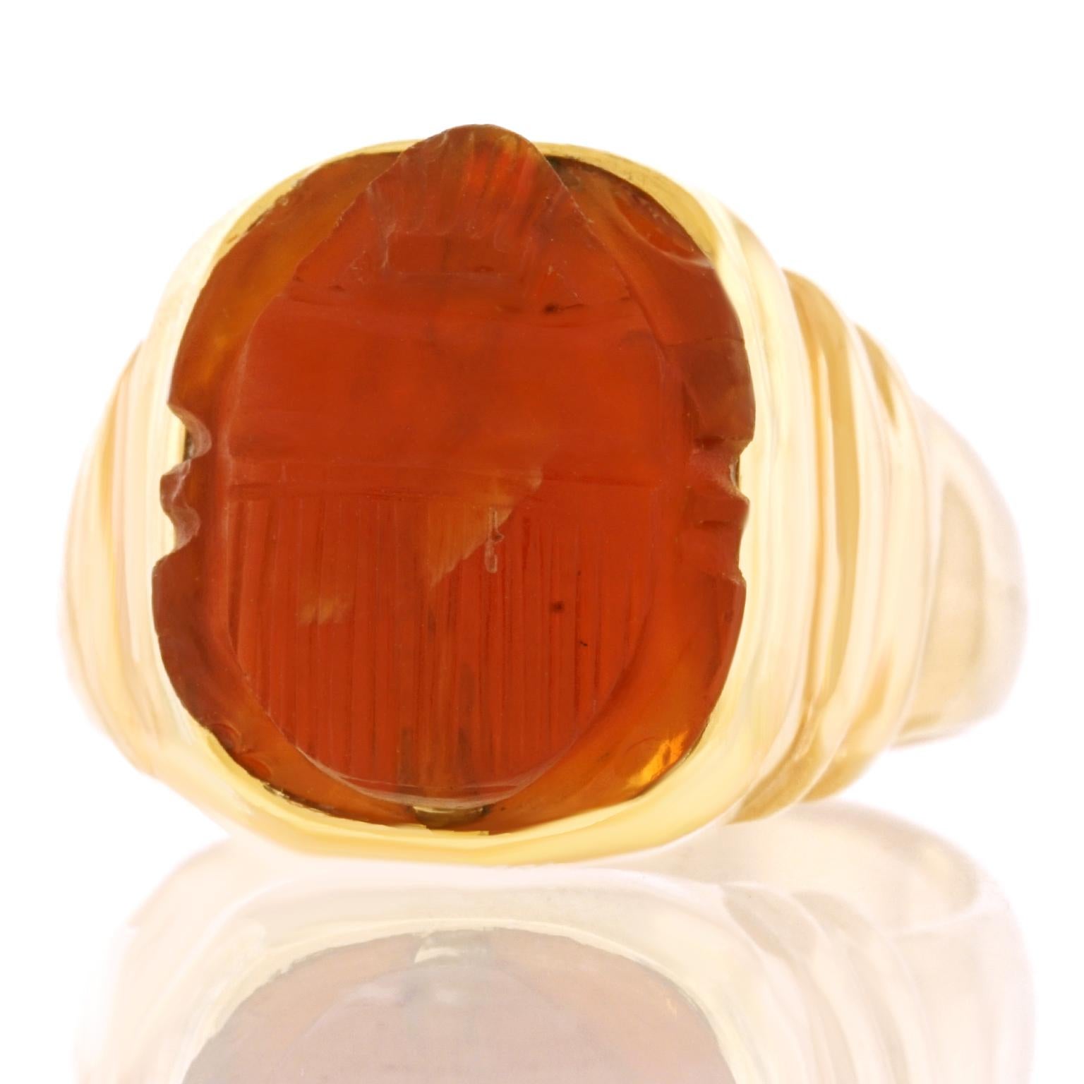 Ancient Carnelian Scarab in 1950s Gold Seal Ring 4