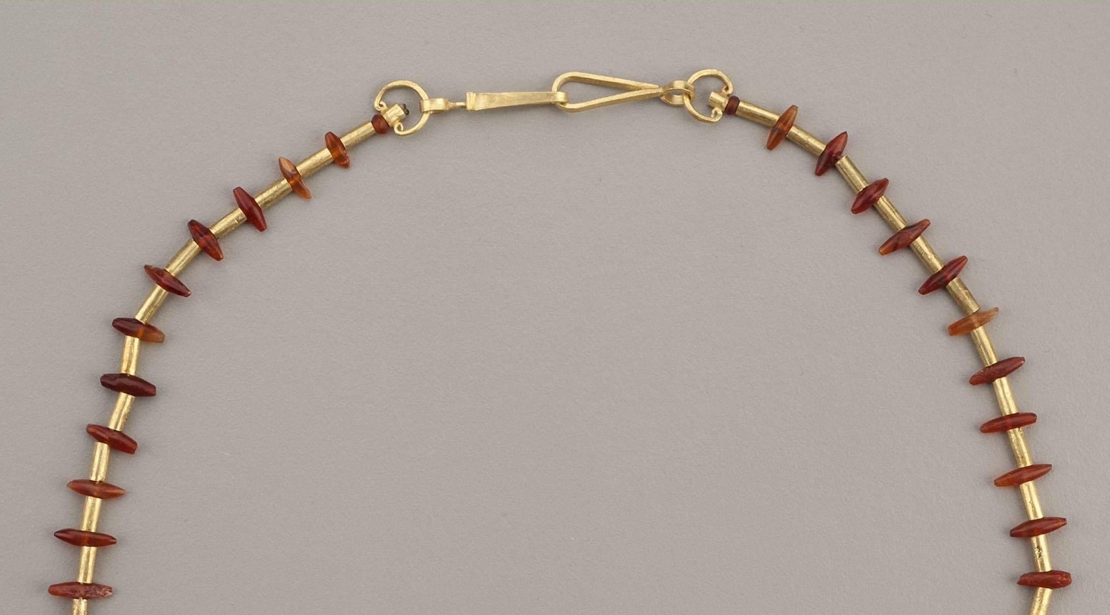 Artist Ancient Carnelian Spars Alternating with 22k Gold Tube Beads and Handmade Clasp For Sale