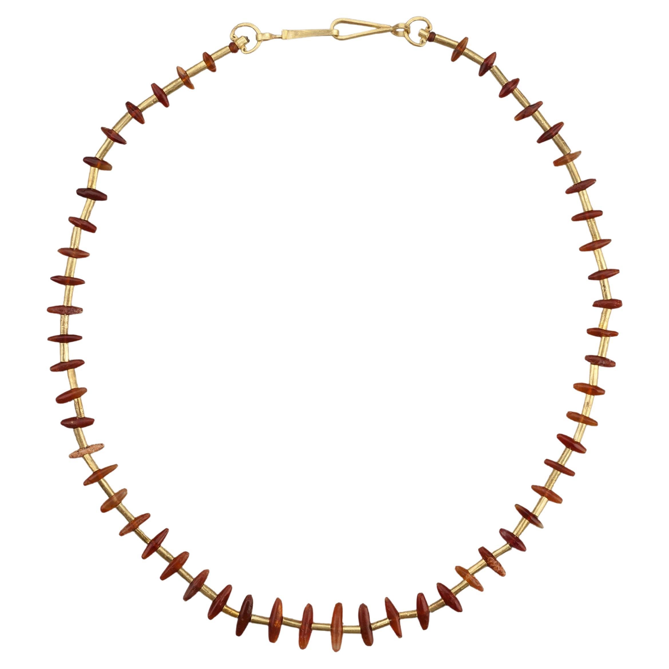 Ancient Carnelian Spars Alternating with 22k Gold Tube Beads and Handmade Clasp For Sale