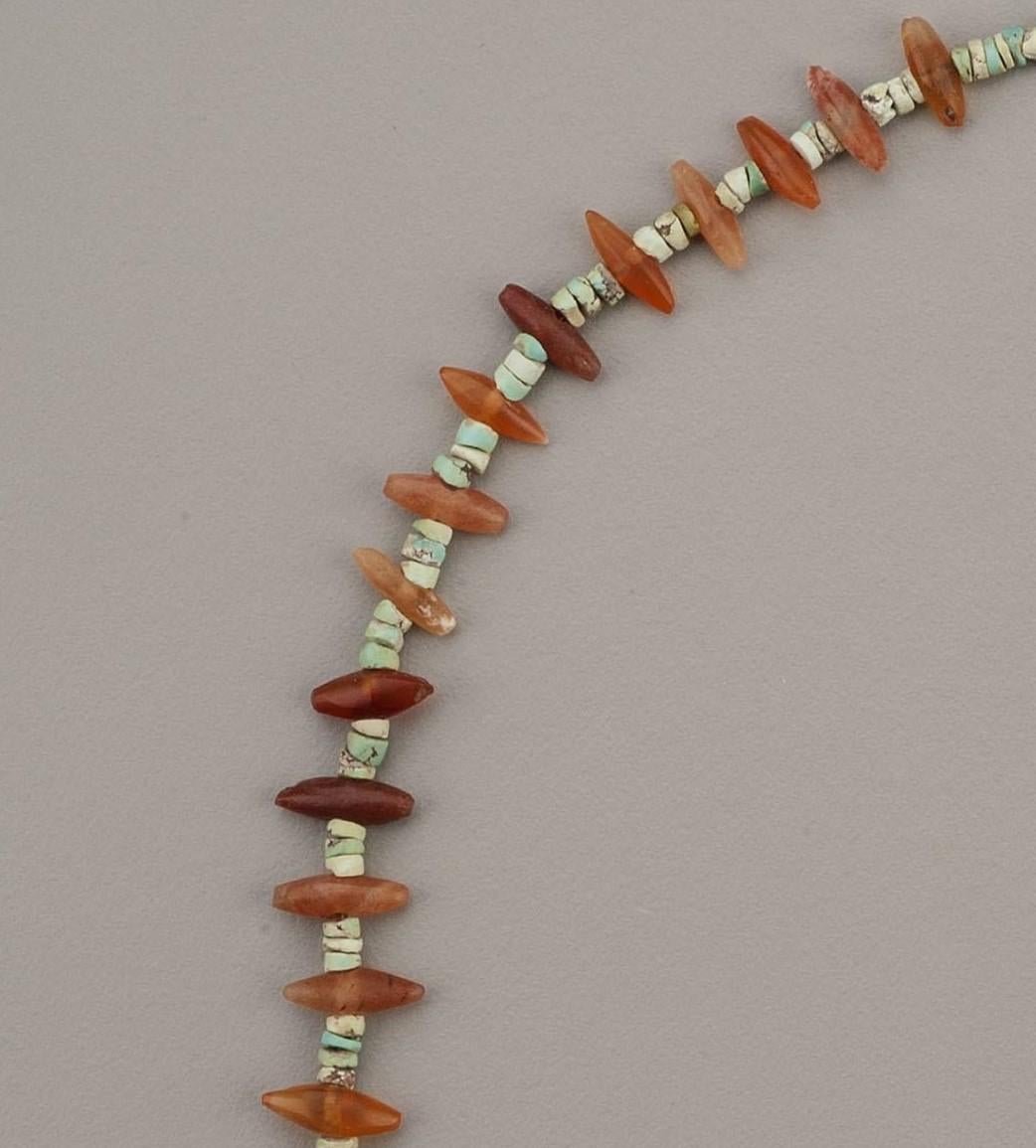 Artist Ancient Carnelian Spars Alternating with Turquoise Beads and Fine Silver Clasp For Sale