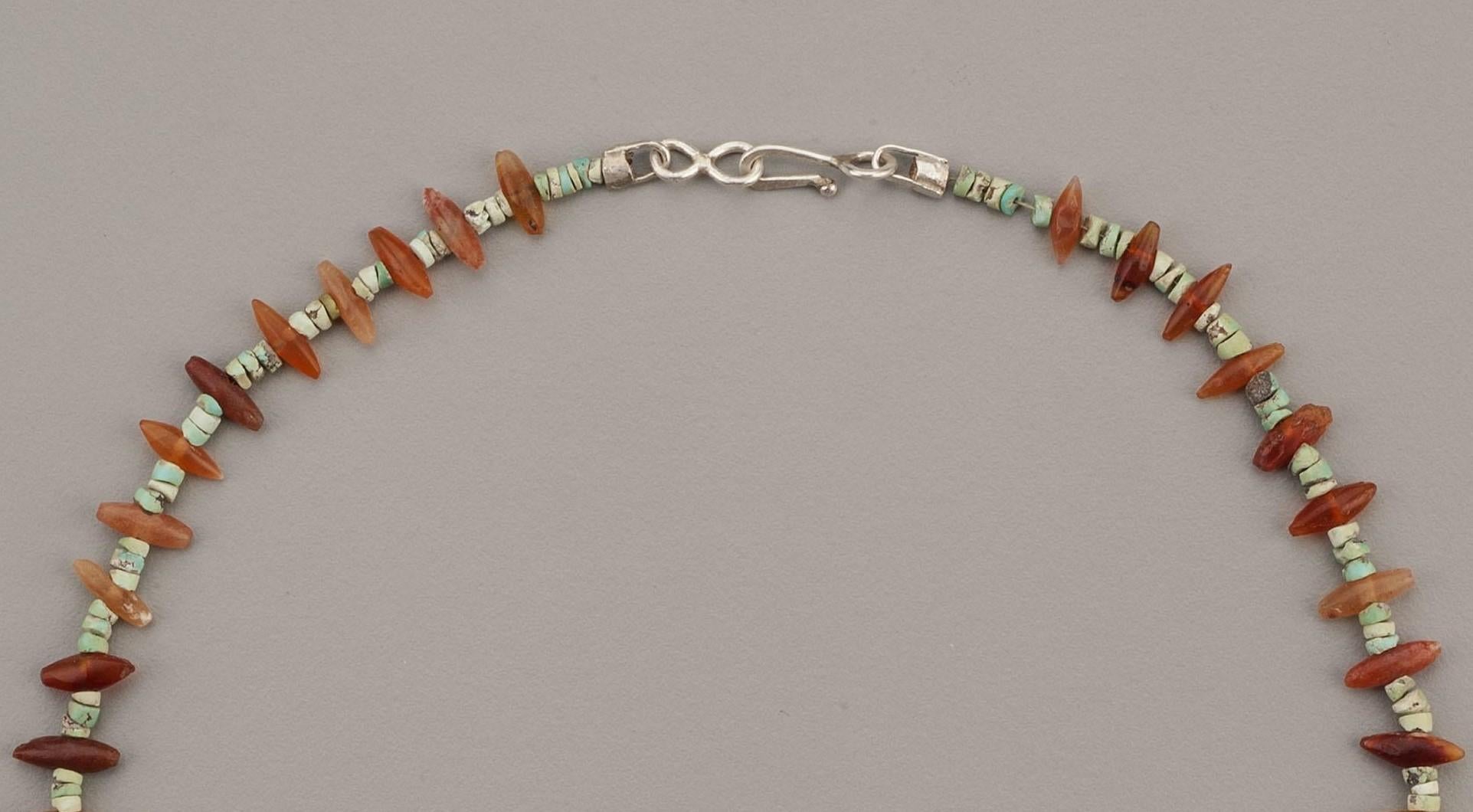 Ancient Carnelian Spars Alternating with Turquoise Beads and Fine Silver Clasp In Good Condition For Sale In Bloomington, IN