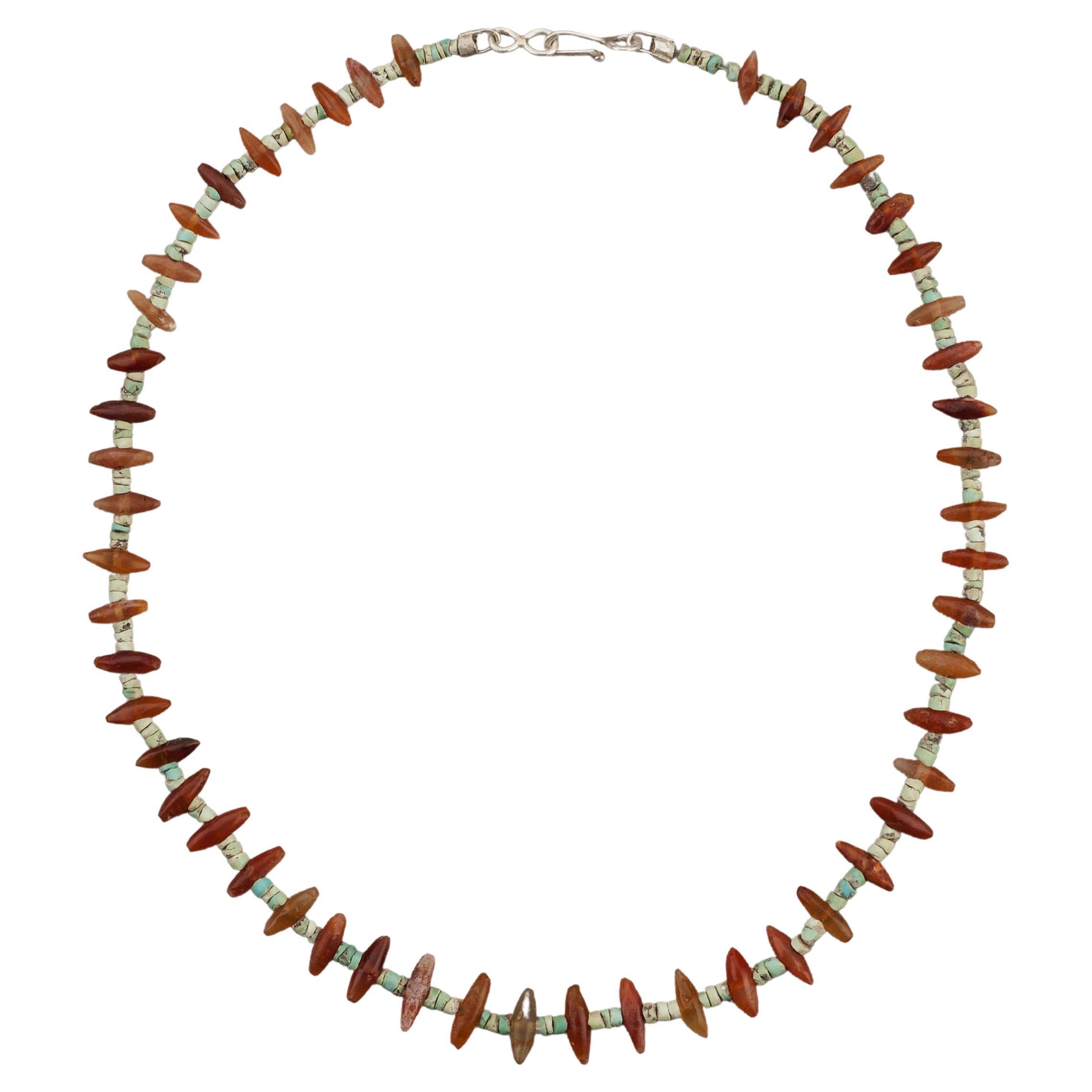 Ancient Carnelian Spars Alternating with Turquoise Beads and Fine Silver Clasp For Sale