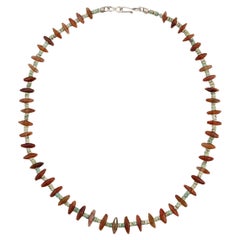 Antique Ancient Carnelian Spars Alternating with Turquoise Beads and Fine Silver Clasp
