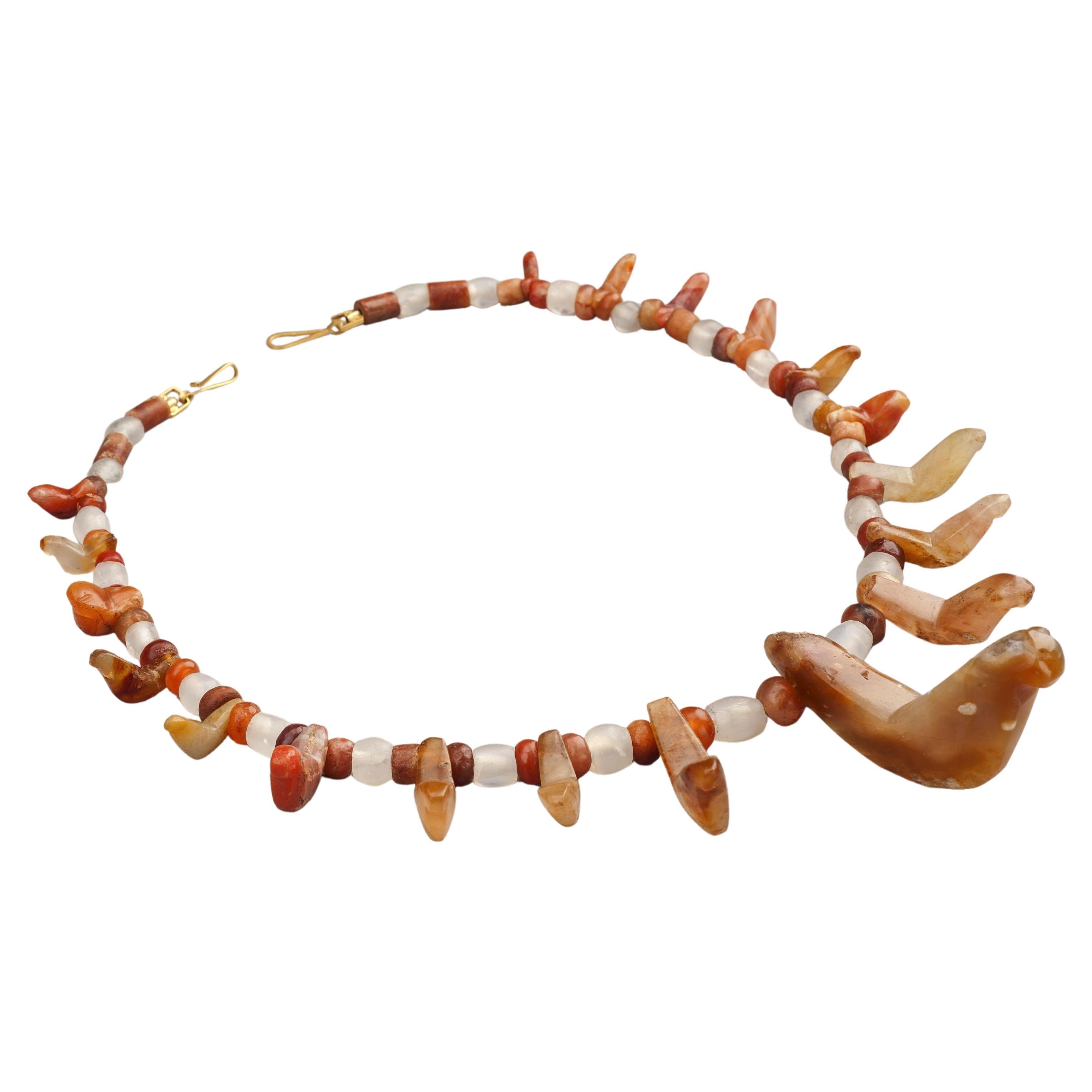 Ancient Carnelian Tairona Bird Pendants, Crystal Beads, and 22k Gold Clasp