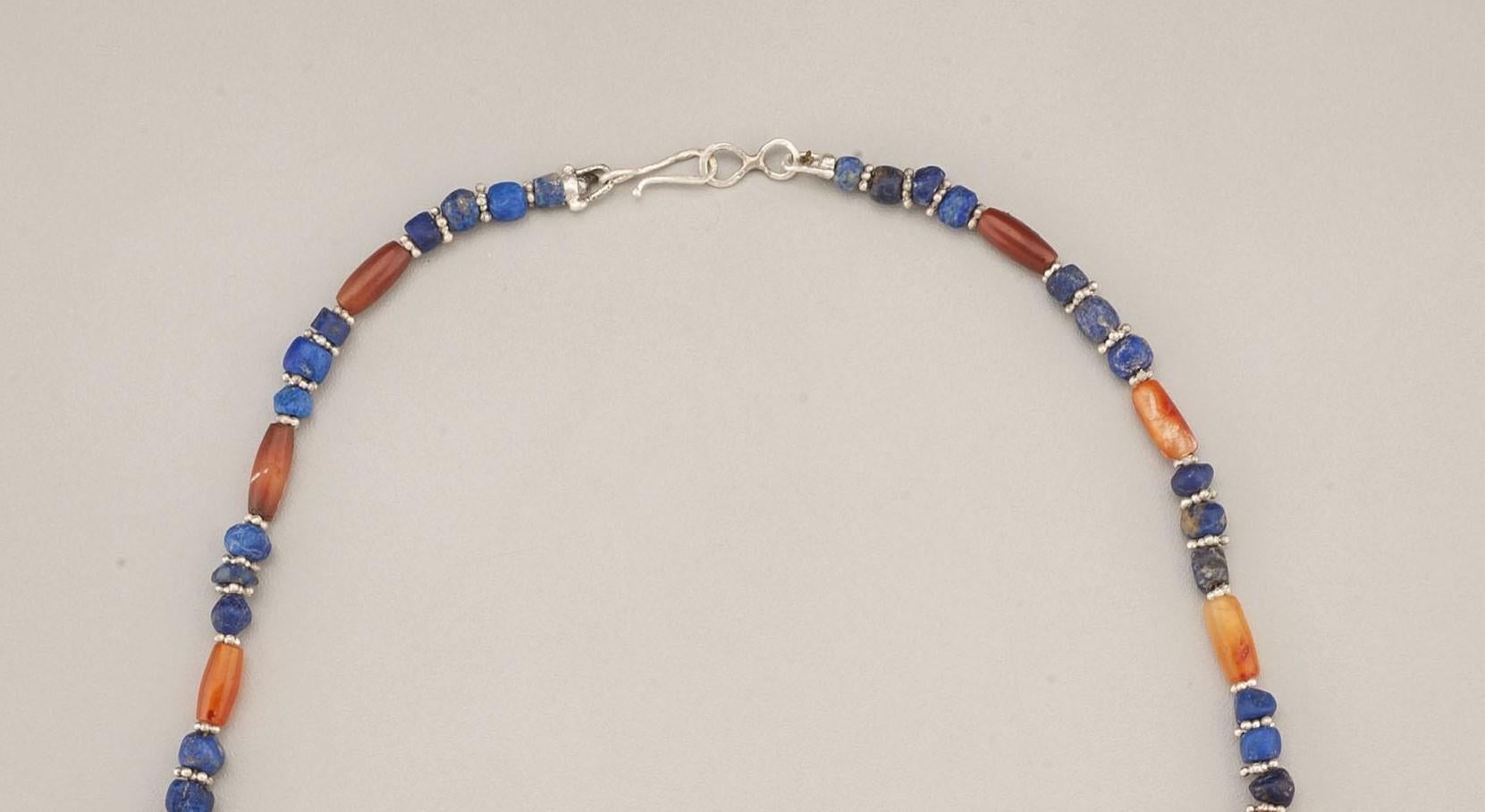 Artist Ancient Carnelian Tube Beads Alternating With Lapis Lazuli and Fine Silver For Sale