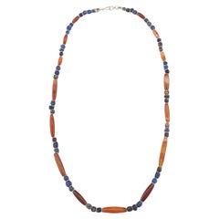 Antique Ancient Carnelian Tube Beads Alternating With Lapis Lazuli and Fine Silver