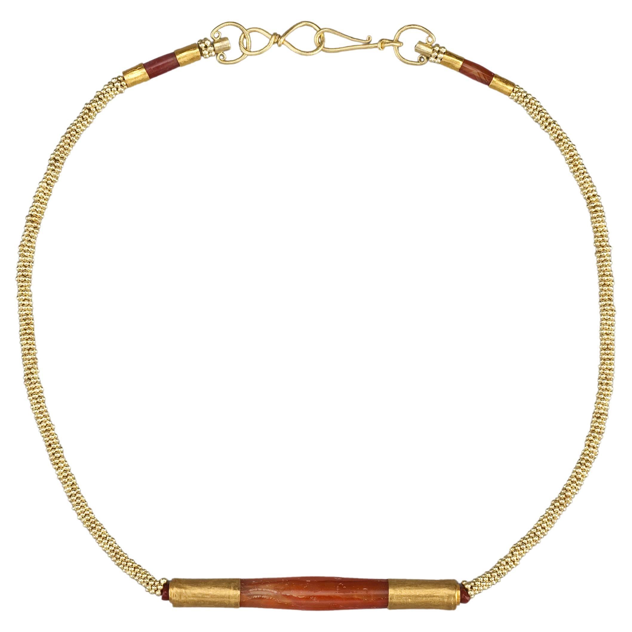 Ancient Carnelian Tube Beads with 20k Gold End Caps and Granulated Ring Beads For Sale