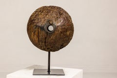Ancient Cart Wheel Decorative Object Mounted on Black Lacquer Base