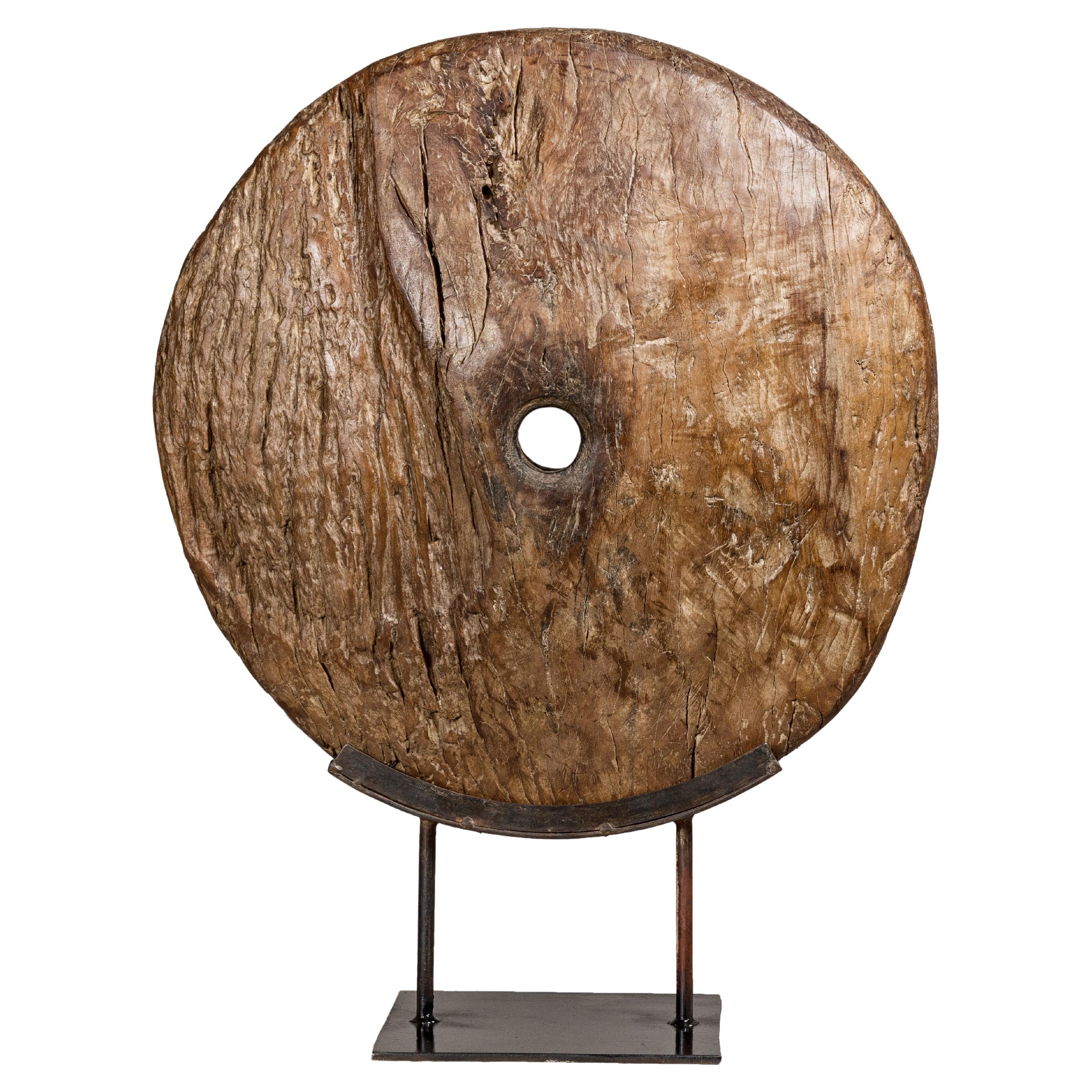 Ancient Cart Wheel Mounted on Black Lacquer Base with Rustic Character