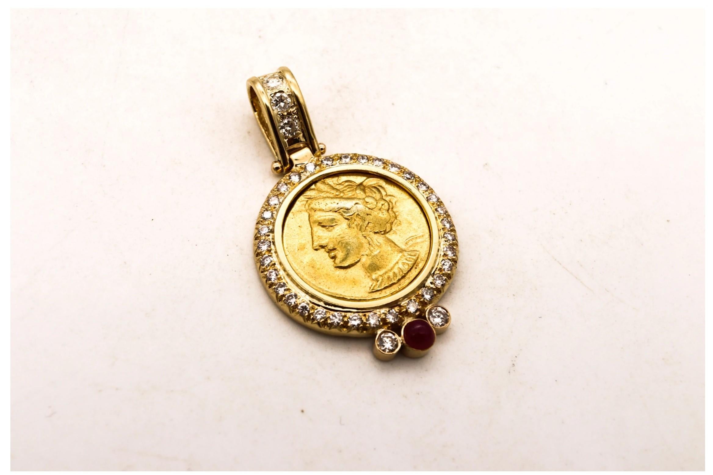 Brilliant Cut Ancient Carthage Punic Gold Electrum Stater Coin 320 BC 18Kt Gold Diamonds Ruby