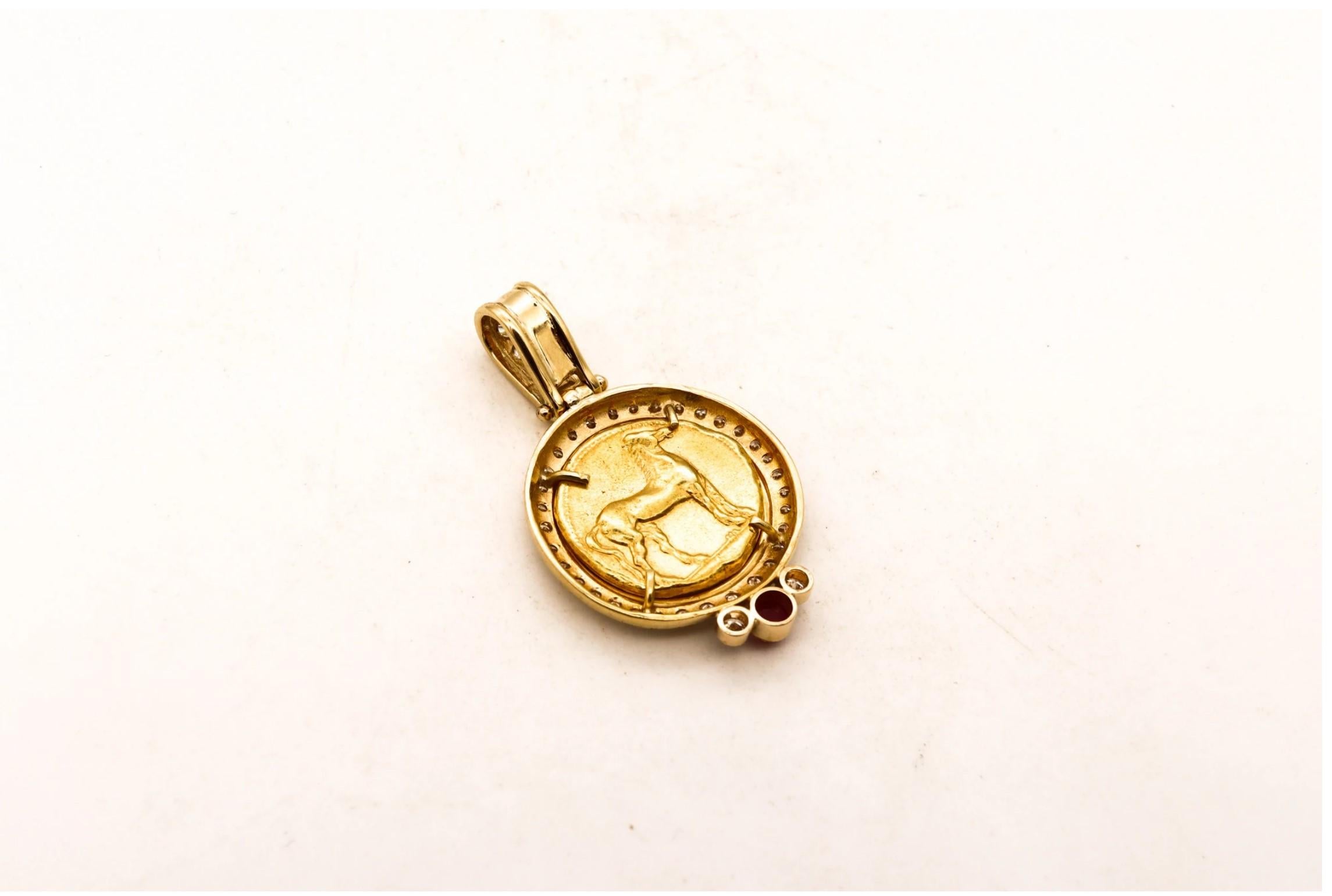 Ancient Carthage Punic Gold Electrum Stater Coin 320 BC 18Kt Gold Diamonds Ruby In Excellent Condition In Miami, FL