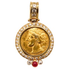Ancienne pièce de monnaie d'affirmation de style carthage punique en or 18 carats, diamants et rubis 320 av. J.-C.