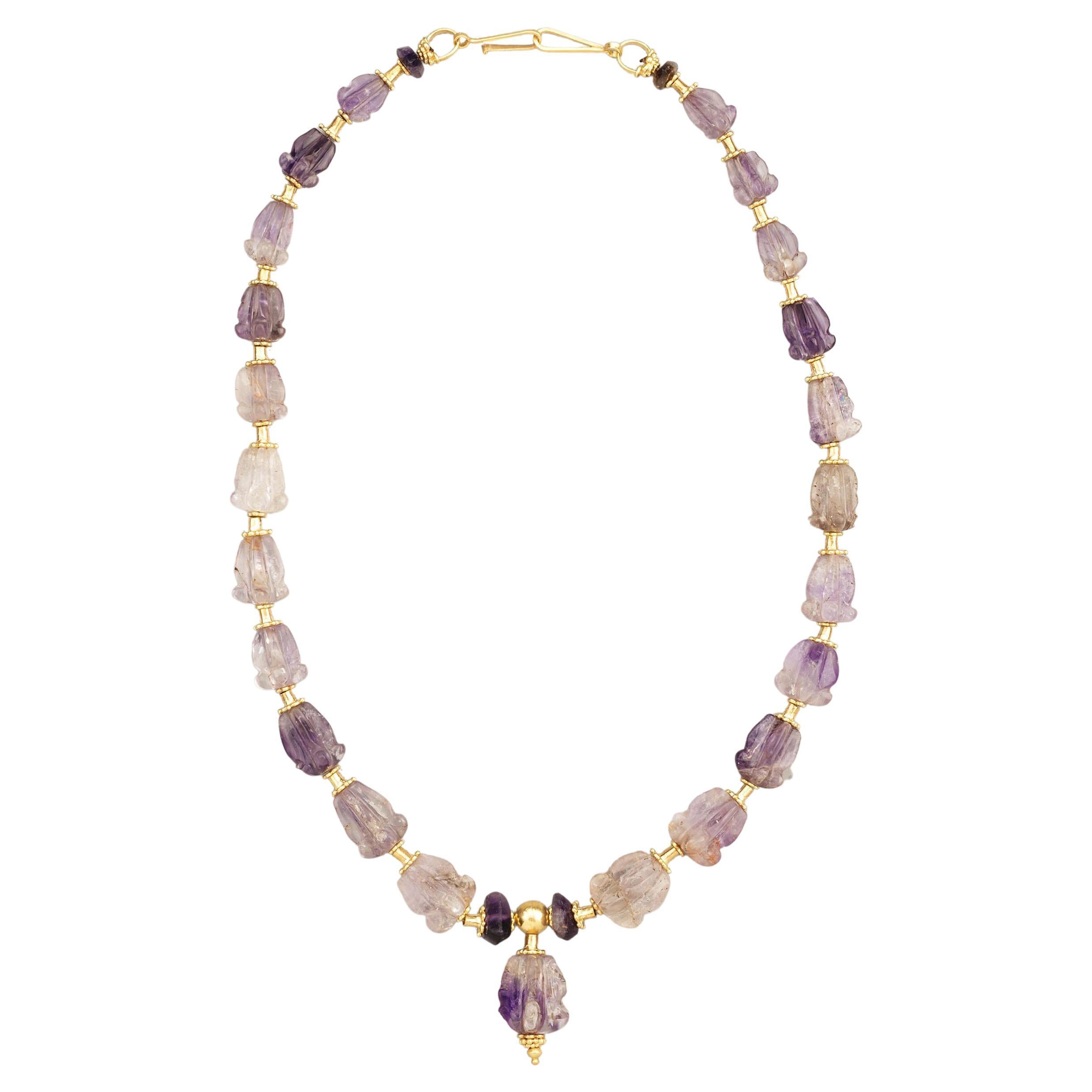 Ancient Carved Amethyst Crown Flower Bead Necklace with 22k Gold For Sale
