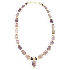 Ancient Carved Amethyst Crown Flower Bead Necklace with 22k Gold