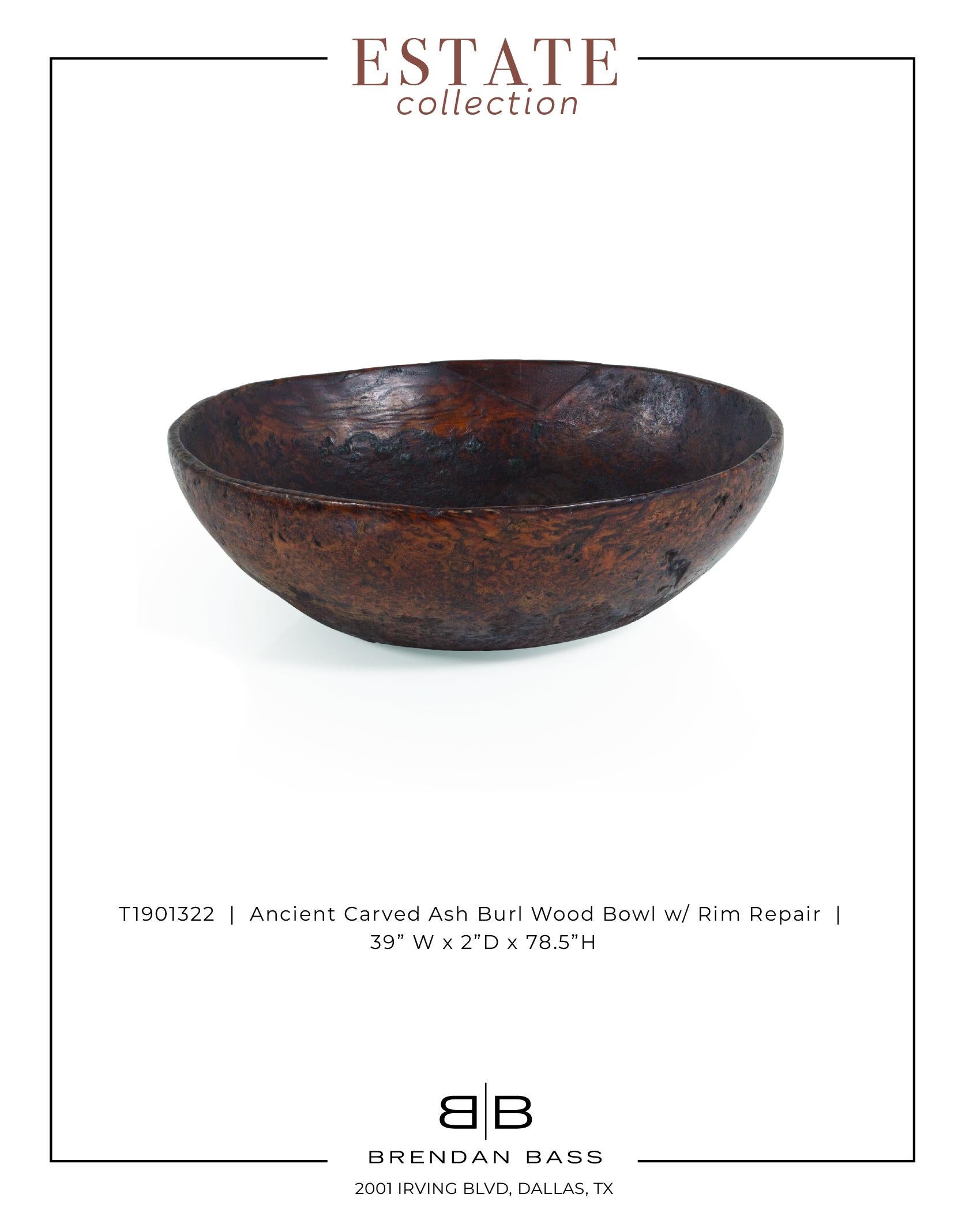 20th Century Ancient Carved Ash Burl Wood Bowl with Rim Repair