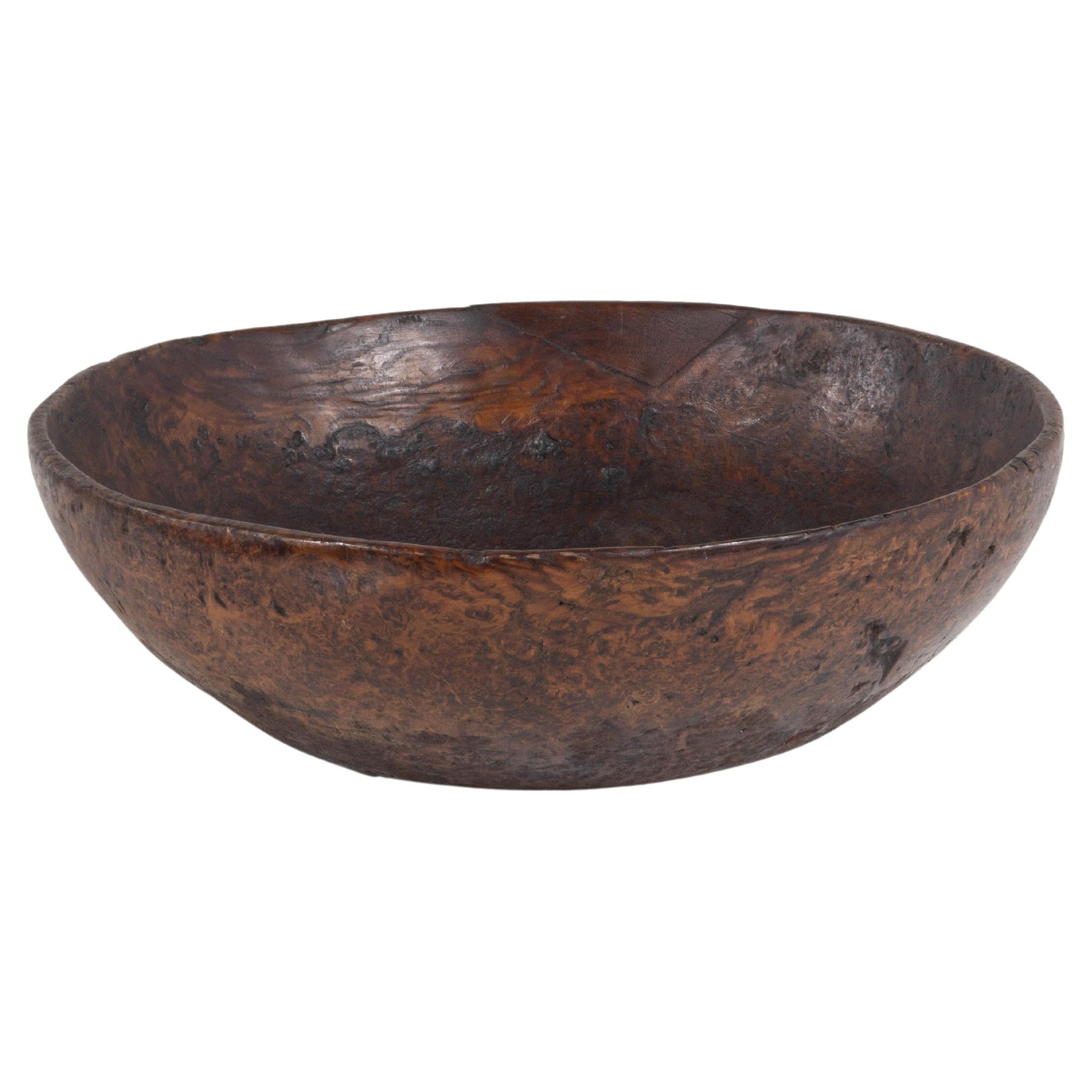 Ancient Carved Ash Burl Wood Bowl with Rim Repair