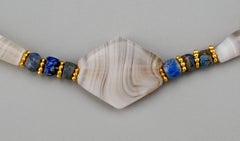 Ancient Chalcedony Barrel Beads, 20k Gold, and Lapis with Rhombus Center Bead
