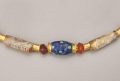 Ancient Chalcedony, Carnelian, 20k Gold, Lapis Center Bead Inlaid with Turquoise